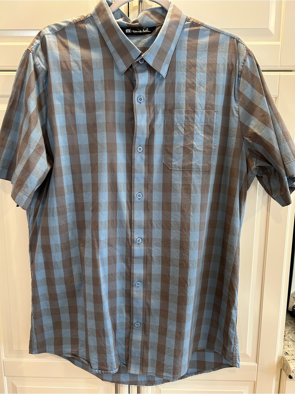Travis Mathew Blue and Gray Checked Short-Sleeve Button-Down